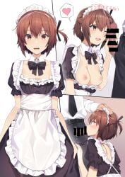 1boy absurdres alternate_costume apron bar_censor belt black_belt black_bow black_bowtie black_necktie black_pants black_ribbon blush bow bowtie breasts brown_hair censored clothed_sex detached_collar enmaided etou_kanami fellatio female frilled_apron frills hair_between_eyes hair_ribbon hand_on_another's_head heart highres hitoiki long_sleeves maid maid_apron maid_headdress median_furrow medium_breasts necktie nipples one_eye_closed open_mouth oral pants penis penis_on_face ribbon shirt short_hair sidelocks spoken_heart straight straight-on toji_no_miko white_shirt yellow_eyes