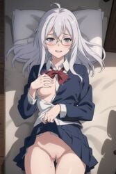 1girls ai_generated bed blue_eyes blush breast_grab elaina_(majo_no_tabitabi) female_masturbation glasses grabbing_own_breast long_hair lying_on_bed majo_no_tabitabi masturbation medium_breasts nude partially_nude petite pillow pleasure_face pussy round_glasses school_uniform skirt skirt_lift thigh_gap thighs top_view uncensored white_hair