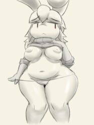 armwear belly bunsandnoble lagomorph_humanoid large_breasts lifting_shirt long_hair mature_female milf phoebe_(bunsandnoble) red_eyes slightly_chubby slightly_chubby_female sweater thick_thighs thigh_squish undressing