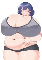 1girls 2023 absurd_res bbw belly breasts chubby chubby_female cleavage fat female female_focus holding_belly huge_breasts looking_down onehaunt plump short_hair shorts solo solo_female solo_focus thick_thighs thighs tummy yellow_eyes