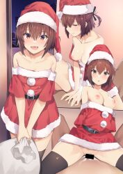 1boy absurdres bag bar_censor black_ribbon black_thighhighs blush breasts brown_hair censored chestnut_mouth christmas_outfit closed_mouth collarbone cowgirl_position cum cum_overflow dress etou_kanami female female_pubic_hair hair_between_eyes hair_ribbon hat highres hitoiki holding holding_bag looking_at_viewer medium_breasts nipples open_mouth pom_pom_(clothes) pubic_hair ribbon santa_dress santa_hat sex short_hair sidelocks straddling straight thighhighs toji_no_miko vaginal_penetration yellow_eyes