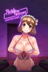 brown_hair holding_breast lingerie maid_headdress spiral_clicker