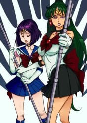 2girls bishoujo_senshi_sailor_moon closed_eyes clothed clothing female female_only female_to_futa fully_clothed futa_only futanari futanari_transformation green_hair hotaru_tomoe human light-skinned_female light_skin neone-x open_mouth purple_hair sailor_pluto sailor_saturn setsuna_meiou skirt small_breasts