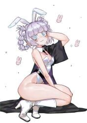 ass blue_eyes boots bunny_ears bunny_girl bunnysuit call_of_the_night detached_collar fake_animal_ears female foolish_potato high_heels lavender_hair leotard nanakusa_nazuna small_breasts smile thick_thighs tight_clothing white_background white_hair yofukashi_no_uta