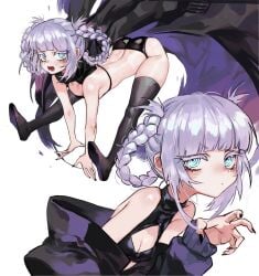 ass black_nails blue_eyes bob_cut call_of_the_night cute_fang female foolish_potato lavender_hair nail_polish nanakusa_nazuna painted_nails panties small_breasts spread_legs stockings thighhighs white_background white_hair yofukashi_no_uta