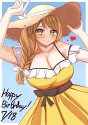 1girl 1girls 2d 2d_(artwork) alternate_costume beauty_mark big_hat birthday blonde_hair blush bow_ribbon braid braided_ponytail breasts breasts_bigger_than_head brown_eyes cleavage cute cute_clothing dress female female_only fire_emblem fire_emblem_engage goldmary_(fire_emblem) hair_over_shoulder happy_birthday hat kirby_lord large_breasts long_hair looking_at_viewer mole mole_on_breast nintendo no_sex not_furry side_ponytail simple_background slight_blush slight_smile smile solo straw_hat sun_hat sunny yellow_clothing yellow_eyes