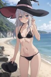 1girls ai_generated beach bikini black_bikini blue_eyes blush elaina_(majo_no_tabitabi) embarrassed long_hair looking_at_viewer majo_no_tabitabi medium_breasts petite rock sand thighs water white_hair