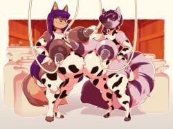 2023 absurd_res animal_print anthro april_(alantodne) areola armwear big_breasts biped blue_eyes bodily_fluids breast_milking breasts canid canine clothing cow_print cow_print_elbow_gloves cow_print_thighhighs duo elbow_gloves facial_piercing female fluffy fluffy_tail fox galacticmichi gloves hand_on_hip handwear hi_res huge_breasts inside lactating legwear lemur machine mammal markings milk milk_pail milking_machine navel nipples nose_piercing nose_ring outie_navel piercing pregnant pregnant_anthro pregnant_female primate print_armwear print_clothing print_elbow_gloves print_gloves print_handwear print_legwear print_thigh_highs purple_eyes ring-tailed_lemur ring_piercing septum_piercing septum_ring shawna_(alantodne) smile standing star_(marking) strepsirrhine tail thick_thighs thigh_highs yellow_eyes