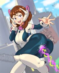 alternate_breast_size background beam big_ass boots brown_eyes brown_hair detailed_background glasc hair_ornament hero_outfit_(mha) my_hero_academia ochako_uraraka thick_ass thick_thighs thighs transformation_sequence