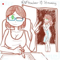 2girls alma_garcia barefoot brown_hair clothed_female_nude_female drawing female female_only glasses lucia_garcia medium_hair mother_and_daughter nairod103098 recording senftember senftember_(2021) short_hair streaming tank_top towel wet_body