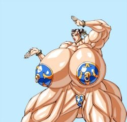 big_breasts breasts breasts_bigger_than_head brown_hair brunette_hair capcom chun-li enormous_breasts giant_breasts gigantic_breasts huge_breasts hyper_breasts large_breasts massive_breasts muscles muscular muscular_arms muscular_body muscular_female muscular_legs muscular_thighs negoto_(nego6) nipple_covers pussy_covered street_fighter