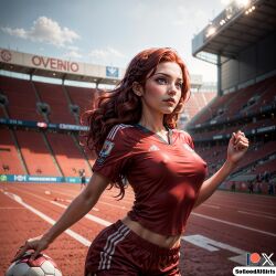 ai_generated cute football nipple_outline pokies red_hair soccer sogoodaigirls sport sportswear stadium