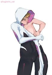 1girls bodysuit breasts dressing eyebrow_piercing gwen_stacy gwen_stacy_(spider-verse) hood hygienic_cat marvel skin_tight solo spider-gwen spider-man_(series) standing white_background