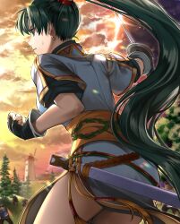 1girls 4boys ass battle belt big_ass blue_dress brown_belt clenched_teeth cloud delsaber dress earrings female female female_focus fingerless_gloves fire_emblem fire_emblem:_the_blazing_blade floating_hair gloves green_eyes green_hair highres holding holding_sword holding_weapon jewelry long_hair lyn_(fire_emblem) multiple_boys nintendo outdoors sash side_slit sky solo_focus sunset sword teeth thighs very_long_hair weapon yellow_sky