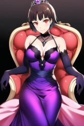 1girls ai_generated breasts brown_hair dress elbow_gloves gloves hypnosis krabbytheklown large_breasts looking_at_viewer makoto_niijima mind_control necklace persona persona_5 purple_dress queen red_eyes royalty short_hair sitting sitting_on_throne throne tiara