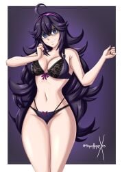 1girls bra breasts clothing dark_purple_hair female female_only hex_maniac legs_together long_hair matching_underwear nintendo panties pokemon purple_bra purple_panties solo sonicheroxd wide_hips