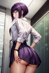 1girl ai_generated aidude ass ass_focus boku_no_hero_academia kyoka_jiro my_hero_academia purple_eyes purple_hair school school_uniform short_hair