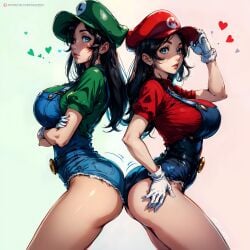 2girls ai_generated ass ass_press black_hair blue_eyes breasts clothing female female_only genderswap_(mtf) green_shirt hat heart looking_at_viewer luigi mario mario_(series) mario_hat multiple_girls nintendo overalls plumber pressed_against red_shirt rule_63 simple_background skizzen standing thighs tight_clothing