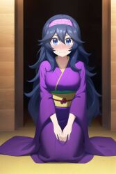 1girls ai_generated black_hair blue_eyes breasts hairband hex_maniac kimono kneeling krabbytheklown long_hair looking_at_viewer medium_breasts nervous nintendo pokemon purple_kimono sash sweat