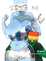 adidas argentina_(countryhumans) big_ass big_breasts blush bolivia_(countryhumans) countryhumans countryhumans_girl football football_uniform male/female pink_strawberry_look_(artist) simple_background smaller_male taller_female tiktok white_background