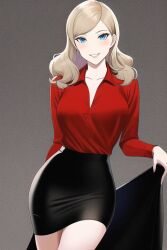 1girls ai_generated ann_takamaki black_skirt blonde_hair blouse blue_eyes blush breasts krabbytheklown large_breasts long_hair looking_at_viewer office_lady pencil_skirt persona persona_5 red_blouse secretary skirt standing