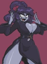 1girls big_breasts black_lipstick black_nails breasts fangs inner_sideboob kanako_yasaka kevinarthurls magenta_background mature_female nails purple_body purple_hair purple_skin solo solo_female thick_thighs thighs touhou vampire vampire_girl