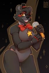 1girls 2021 animatronic anthro bear black_fur bow bowtie ears female five_nights_at_freddy's fluffy freckles freddy_fazbear's_pizzeria_simulator fur furry gray_fur grey_fur hat large_breasts large_hips lefty_(fnaf) lipstick machine microphone orange_eyes pixelflare red_cheeks robot rosy_cheeks rule_63 smile star top_hat tophat yellow_eyes