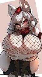 1girls areolae areolae_slip big_breasts blush breasts crr001 fishnets glasses huge_breasts jnwo momiji_inubashiri red_eyes revealing_clothes sarashi solo solo_female thick_thighs thighs tongue tongue_out touhou white_hair wolf_girl