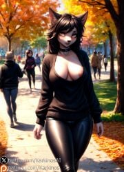 ai_generated autumn big_ass big_breasts big_butt black_hair blush collar crowd fall female female_only furry furry_ears furry_female furry_only goth goth_girl hourglass_figure karkinosai leather leather_clothing long_sleeves looking_at_viewer partially_undressed patreon patreon_username people_in_background poking_out slim_waist slipping smile smiling smiling_at_viewer snout stable_diffusion sweater tagme twitter twitter_username watermark