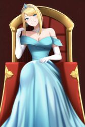 1girls ai_generated blonde_hair blue_dress blue_eyes breasts choker dress earrings elbow_gloves female gloves happy_female krabbytheklown large_breasts looking_at_viewer metroid nintendo off_shoulder_dress princess princess_dress royalty samus_aran short_hair sitting throne tiara