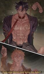 2boys abs aether_(genshin_impact) choker food_play gay gay_domination genshin_impact ha_ze leash male muscular muscular_male pecs small_dom_big_sub tears tied_hands tied_up wriothesley_(genshin_impact) yaoi