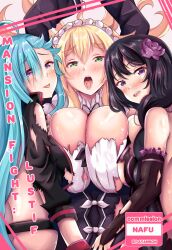 3girls akeno_(itsnafulol) apron arms_above_head arms_behind_head arms_up ayannon_yumme bikini black_hair blonde_hair blue_hair blush breast_press breasts cover_page doujin_cover elsa_granhilte frederica_baumann green_eyes group group_hug hair_between_eyes hair_over_one_eye hug huge_breasts licking_lips long_hair lying lying_on_back maid maid_headdress maid_uniform multiple_girls on_back open_mouth purple_eyes re:zero_kara_hajimeru_isekai_seikatsu roswaal_mansion_maid_uniform sharp_teeth swimsuit teeth threesome title tongue tongue_out torn_clothes yuri