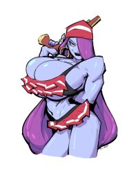 arm_behind_back bandana cowboy_shot cropped_legs flintlock frilled_bikini_top hair_over_one_eye hoop huge_breasts lips miniskirt niconuva purple_hair purple_nails purple_skin red_eyes red_lips risky_boots shantae shantae_and_the_pirate's_curse simple_background smile standing toned trigger_discipline undersized_clothes white_background