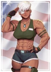 1girls abs absurd_res adonis_belt american_flag bare_shoulders biceps breasts cleavage dark-skinned_female dark_skin dog_tags eyepatch fingerless_gloves hi_res large_breasts looking_at_viewer midriff military muscular_arms muscular_female navel original original_character salute scar short_hair short_shorts shorts signature solo speedl00ver white_hair yellow_eyes