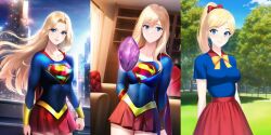 1girls ai_generated blonde_hair blue_bodysuit blue_eyes blue_shirt bodysuit bookshelf breasts cape chair city_background clouds couch dc_comics hypnosis indoors kara_danvers krabbytheklown kryptonian long_hair looking_at_viewer medium_breasts mind_control outside park pink_kryptonite ponytail red_cape red_skirt sequence shirt skirt sky supergirl trees window