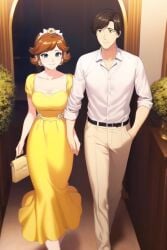 1boy 1girls ai_generated black_hair blue_eyes breasts brown_eyes brown_hair door dress earrings hairband handbag holding_hands housewife hypnosis krabbytheklown mario_(series) medium_breasts mind_control nintendo pants plants potted_plant princess_daisy shirt short_hair stepfordization white_shirt yellow_dress