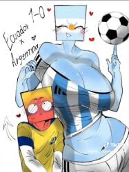 2d adidas argentina_(countryhumans) big_ass big_breasts blush countryhumans countryhumans_girl ecuador_(countryhumans) football football_uniform height_difference pink_strawberry_look_(artist) simple_background smaller_male taller_female tiktok white_background