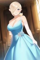 1girls ai_generated blonde_hair blue_dress blue_eyes breasts cleavage deep_cleavage dress dress_flower earrings elbow_gloves female gloves hair_over_one_eye housewife indoors krabbytheklown large_breasts looking_at_viewer mario_(series) milf nintendo princess_dress princess_rosalina short_hair stepfordization window