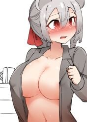 1girls blush cleavage daebom embarrassed female female_only gray_clothes light-skinned_female light_skin looking_away maus partially_clothed patreon red_eyes simple_background solo war_thunder white_hair