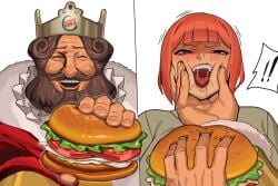 1boy 1girls beard bob_cut burger burger_king byunsang_(artist) crying food forced funny hamburger king lettuce mayonnaise mcdonald's milf mom_(japanese_mcdonald's_commercial) mother old_man older_male onion open_mouth orange_hair resisting smile struggling tears the_king_(burger_king) tomato vulcan_(ejel2000) yoru_mac young younger_female