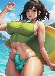 ai_generated big_breasts futa_only futanari looking_at_viewer naughty_faun penis_bulge penis_outline penis_under_clothes small_penis solo_futa stable_diffusion tagme thick_thighs