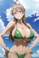 1girls ai_generated arm_support artist_request big_breasts bikini brown_eyes brown_hair busty cleavage green_bikini hands_on_hips highschool_of_the_dead hotd large_breasts legs long_hair looking_at_viewer navel pose posing rei_miyamoto sensual smile solo sweat thighs voluptuous