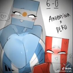 adidas argentina_(countryhumans) big_breasts blush countryhumans countryhumans_girl female heart looking_down male male/female nervous peru_(countryhumans) pink_strawberry_look_(artist) smaller_male smile taller_female tiktok