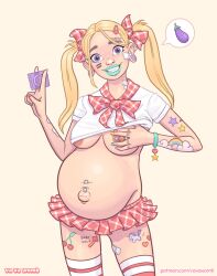 1girls belly big_belly blonde_hair breasts bunintheoven condom ear_gauge female female_only navel_piercing nipple_piercing nipples outie_navel piercing pregnant shirt_lift skirt smile solo solo_female tattoo twintails