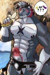 1boy abs anthro banana blush clothing dragon erection food fruit genitals giansar grey_body hair hi_res lifewonders live_a_hero male male_only mofuritai_art muscular muscular_anthro muscular_male nipples pecs penis plant poking_out solo speedo swimwear white_hair