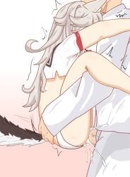 1boy 1girls animal_ears ass azur_lane clothed_sex crop_top cum cum_in_pussy cum_inside cum_overflow cumdrip dog_girl ejaculation female grey_hair in_heat light-skinned_female light-skinned_male light_skin no_pants panties sakura_empire_(azur_lane) sbeve2004 sex shaking shirt tail underwear upright_straddle vaginal_penetration white_shirt wolf_ears wolf_girl wolf_tail yuudachi_(azur_lane)