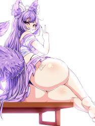 absurd_res animal_ears ass_focus dat_ass grin lavender_hair long_hair looking_back peace_sign purinseishin shiny_skin sitting smile solo_female tail the_kurieta thick_ass thong v_sign virtual_youtuber white_background