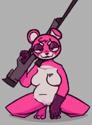 anthro bear blush breasts casual_nudity crouching cuddle_team_leader digital_media_(artwork) epic_games female fortnite fur genitals gun hi_res holding_object holding_weapon looking_at_viewer mammal nipples nude pink_body pink_fur pussy ranged_weapon smile solo thick_thighs weapon wendigoop