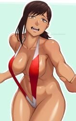 1girls chainsaw_man cleavage higashiyama_kobeni mangho medium_breasts one-piece_swimsuit open_mouth solo standing swimsuit tan_body