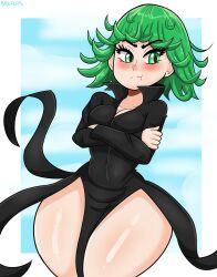 1girls angry angry_face beeferd big_thighs blush bmayneart bottom_heavy crossed_arms female female_only green_eyes green_hair one-punch_man shortstack solo tagme tatsumaki thick_thighs thighs